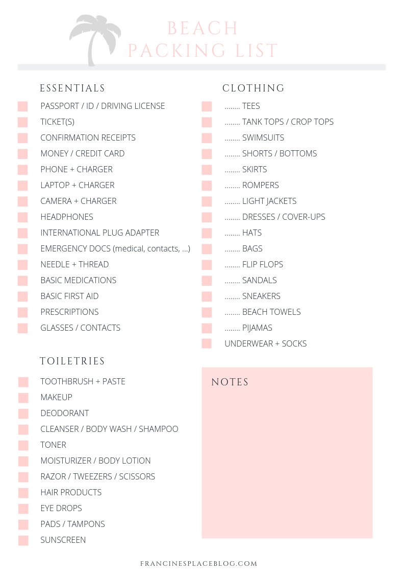 free printable beach sea packing list