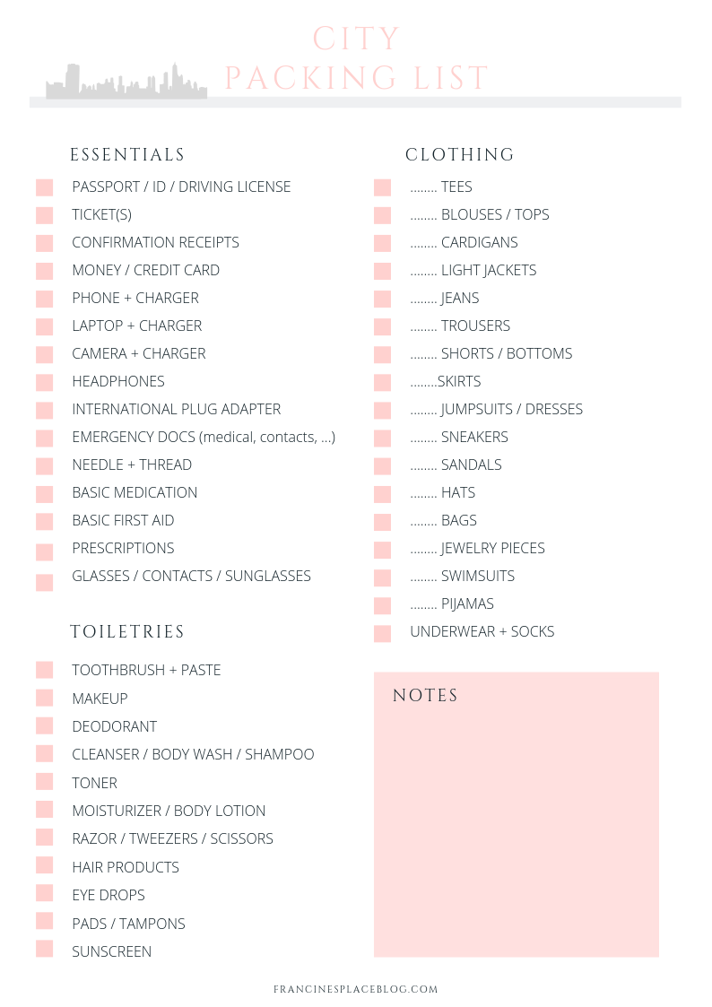 free printable city travel packing list
