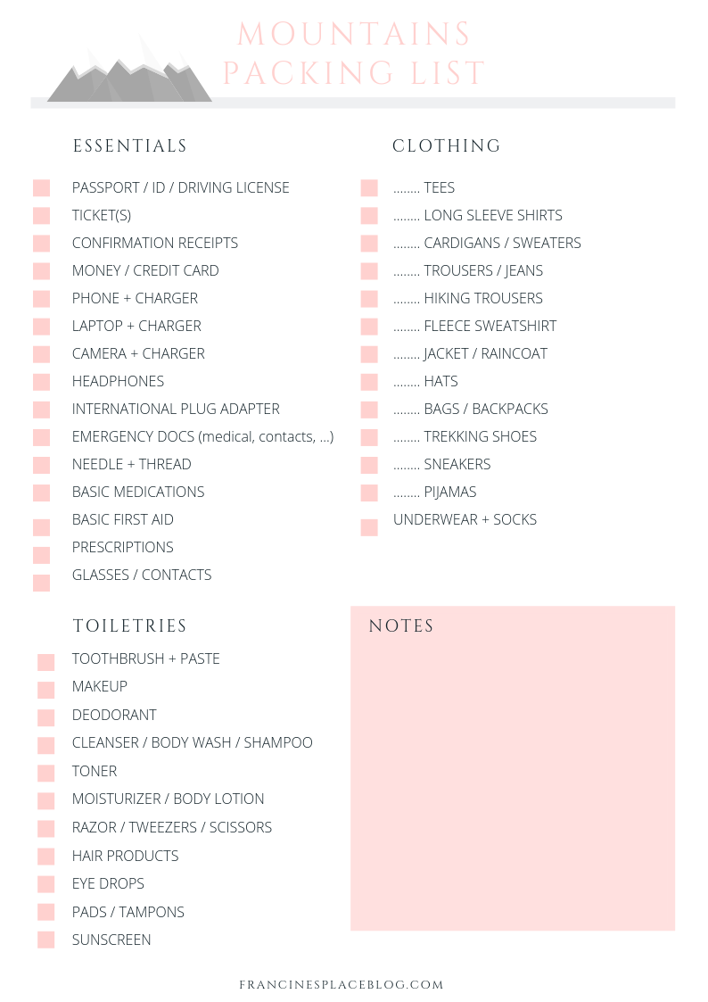 free printable mountain travel packing list