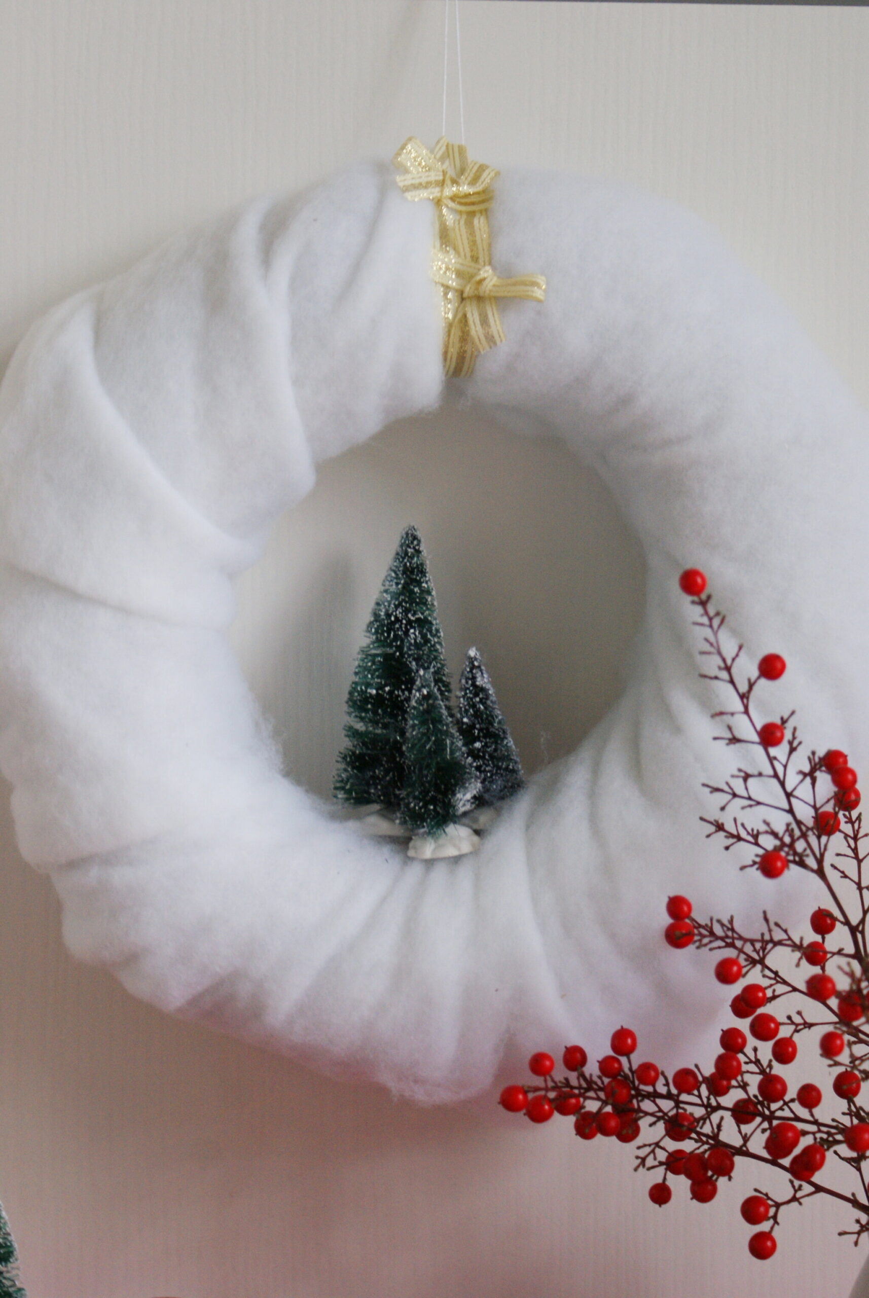 diy hanging wreath snow white cotton minimalist miniature tree christmas handmade last minute easy tutorial