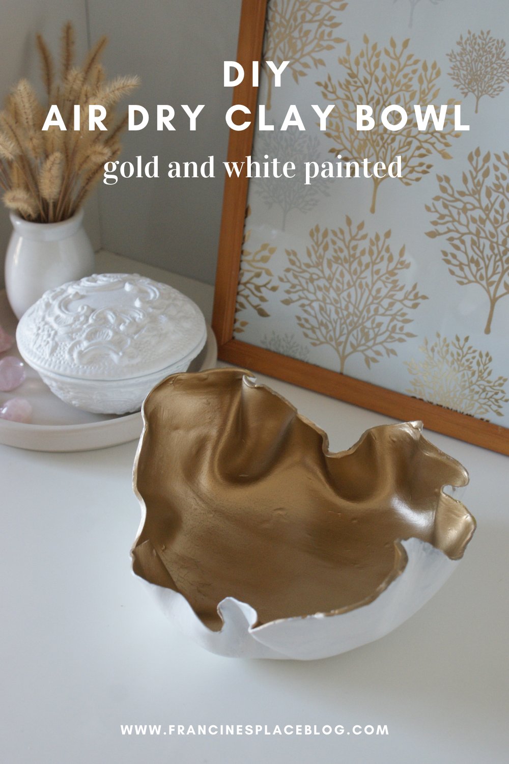 diy air dry clay bowl gold white painted easy quick tutorial decor easthetic home idea handmade ciotola argilla fai da te oro dipinta casa facile francinesplaceblog pinterest