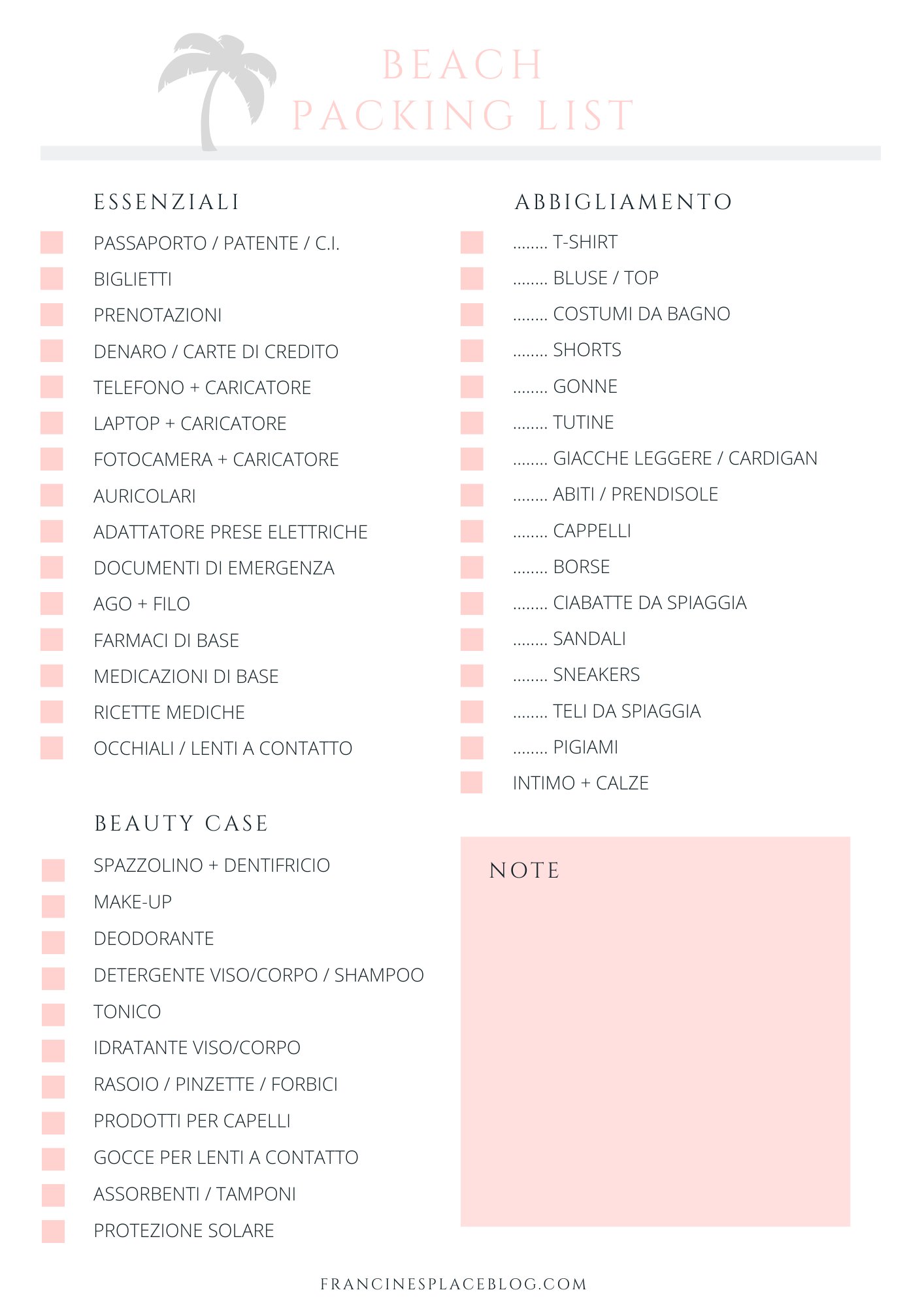 LISTE VALIGIA DA VIAGGIO DA STAMPARE GRATIS E SPUNTARE PER CITTA', MARE E MONTAGNA stampabili italiano francinesplaceblog