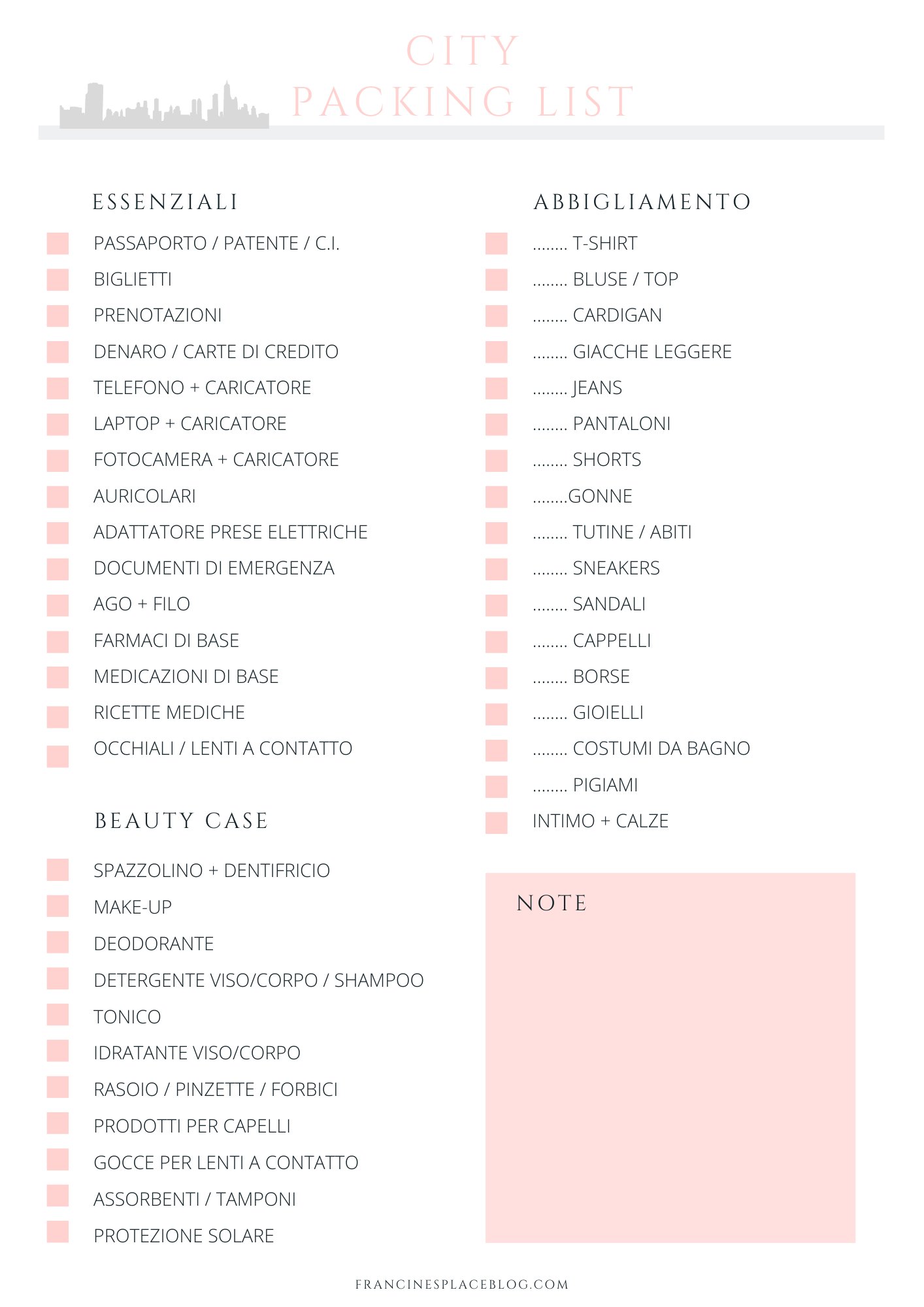 LISTE VALIGIA DA VIAGGIO DA STAMPARE GRATIS E SPUNTARE PER CITTA', MARE E MONTAGNA stampabili italiano francinesplaceblog 3